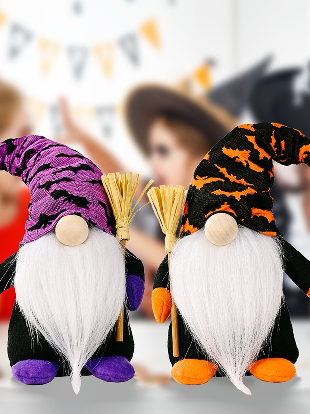 Halloween Decorative Gnomes with Witch Hats and Broomsticks